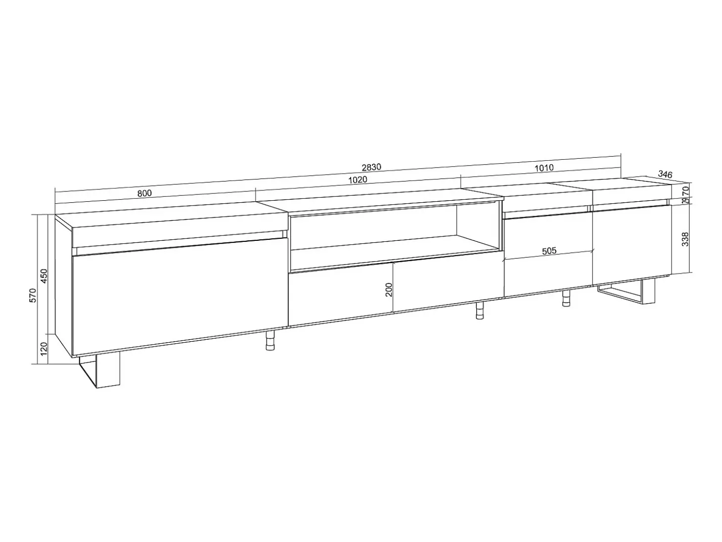 Móvel de TV, 288x35x57cm, TV de grande formato, Design industrial, Branco e Carvalho soft