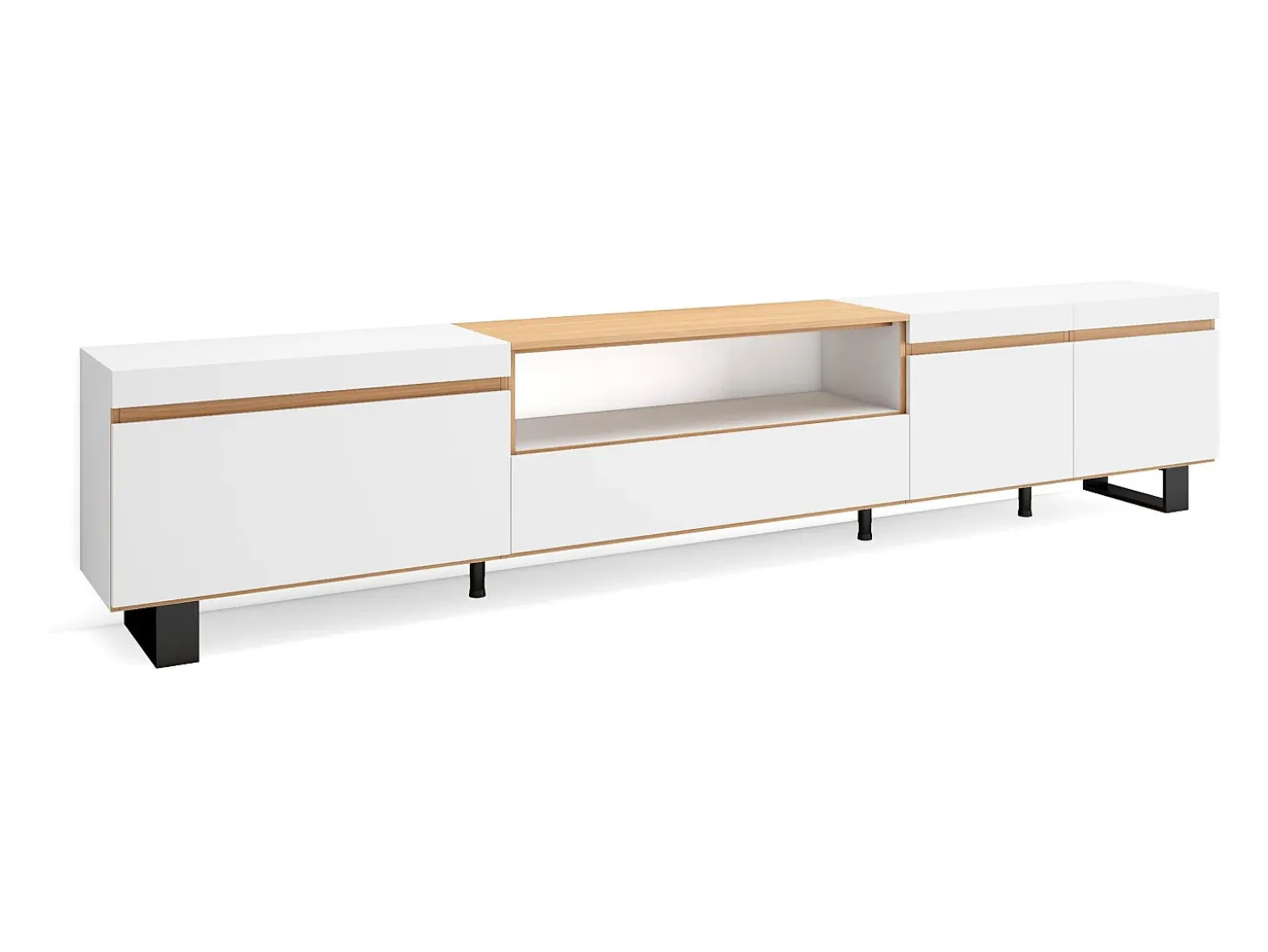 Móvel de TV, 288x35x57cm, TV de grande formato, Design industrial, Branco e Carvalho soft