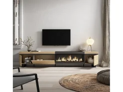 Móvel de TV, 288x35x57cm, TV de grande formato, Lareira eléctrica XXL, Design industrial, Carvahlo e preto