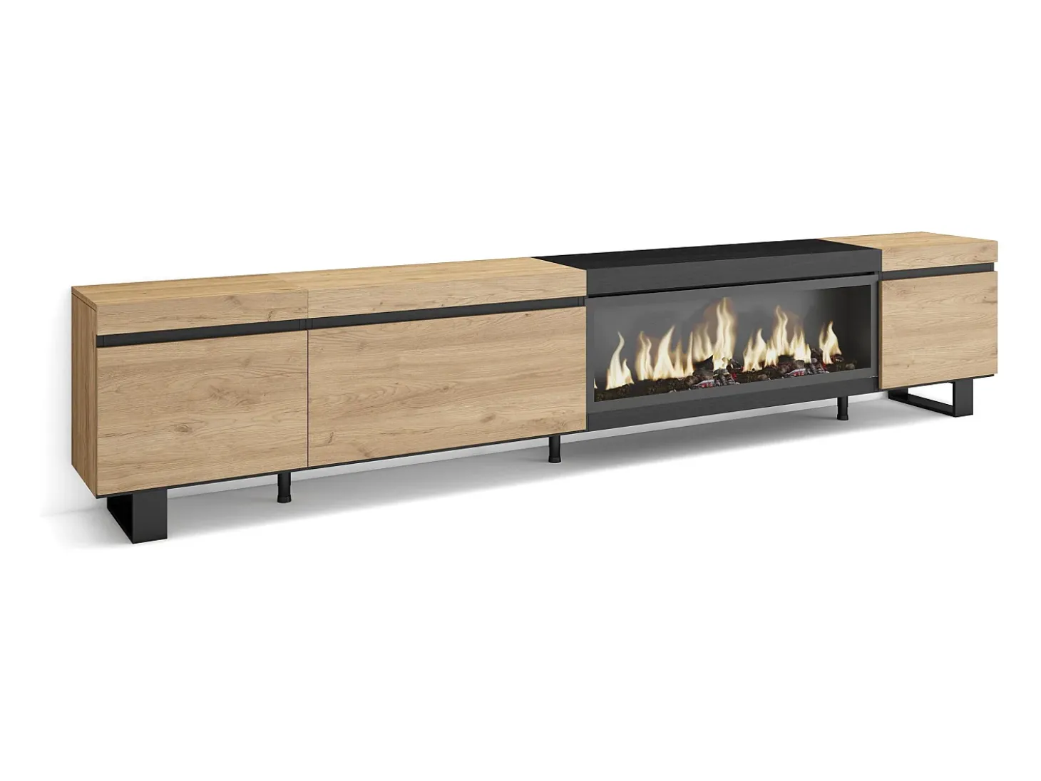 Móvel de TV, 288x35x57cm, TV de grande formato, Lareira eléctrica XXL, Design industrial, Carvahlo e preto