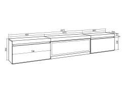 Móvel de TV, 267x35x45cm, TV de grande formato, Lareira eléctrica XXL, Suspensos, Carvahlo e preto
