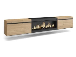 Móvel de TV, 267x35x45cm, TV de grande formato, Lareira eléctrica XXL, Suspensos, Carvahlo e preto