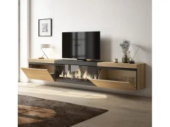 Móvel de TV, 267x35x45cm, TV de grande formato, Lareira eléctrica XXL, Suspensos, Carvahlo e preto