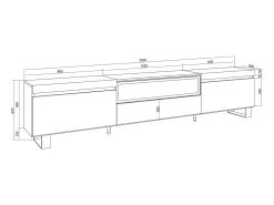 Móvel de TV, 260x35x57cm, TV de grande formato, Lareira eléctrica, Design industrial, Branco e Carvalho soft
