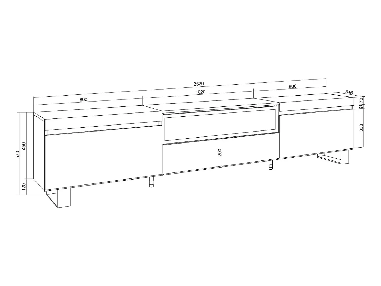Móvel de TV, 260x35x57cm, TV de grande formato, Lareira eléctrica, Design industrial, Branco e Carvalho soft