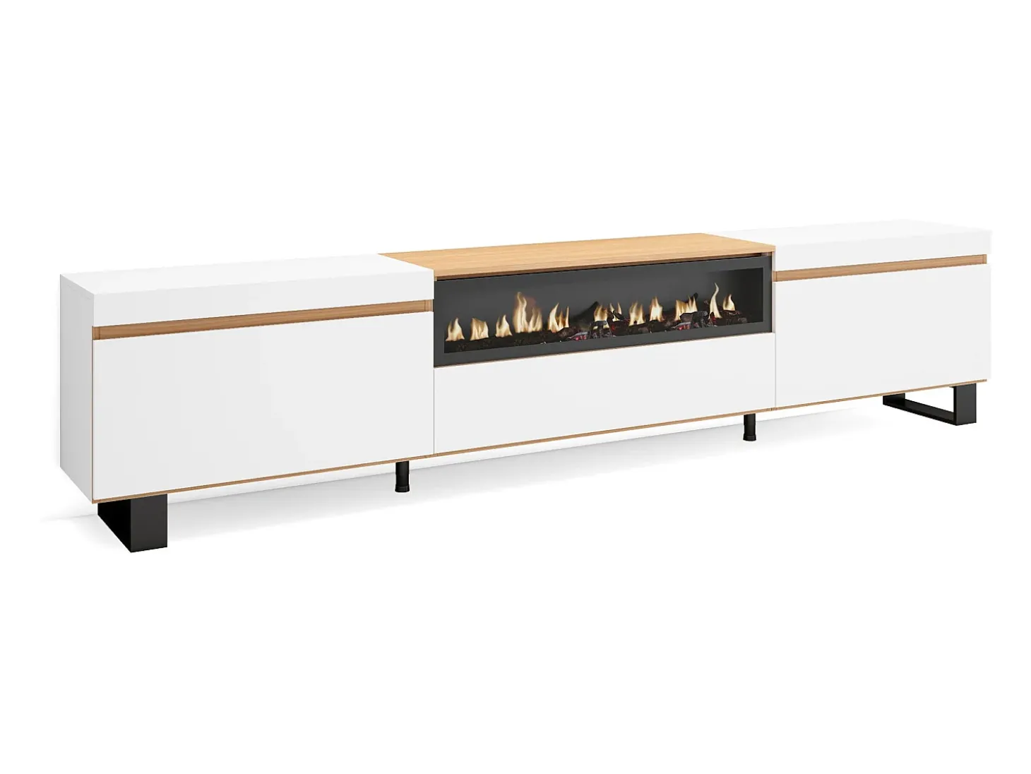 Móvel de TV, 260x35x57cm, TV de grande formato, Lareira eléctrica, Design industrial, Branco e Carvalho soft