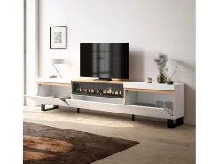 Móvel de TV, 260x35x57cm, TV de grande formato, Lareira eléctrica, Design industrial, Branco e Carvalho soft
