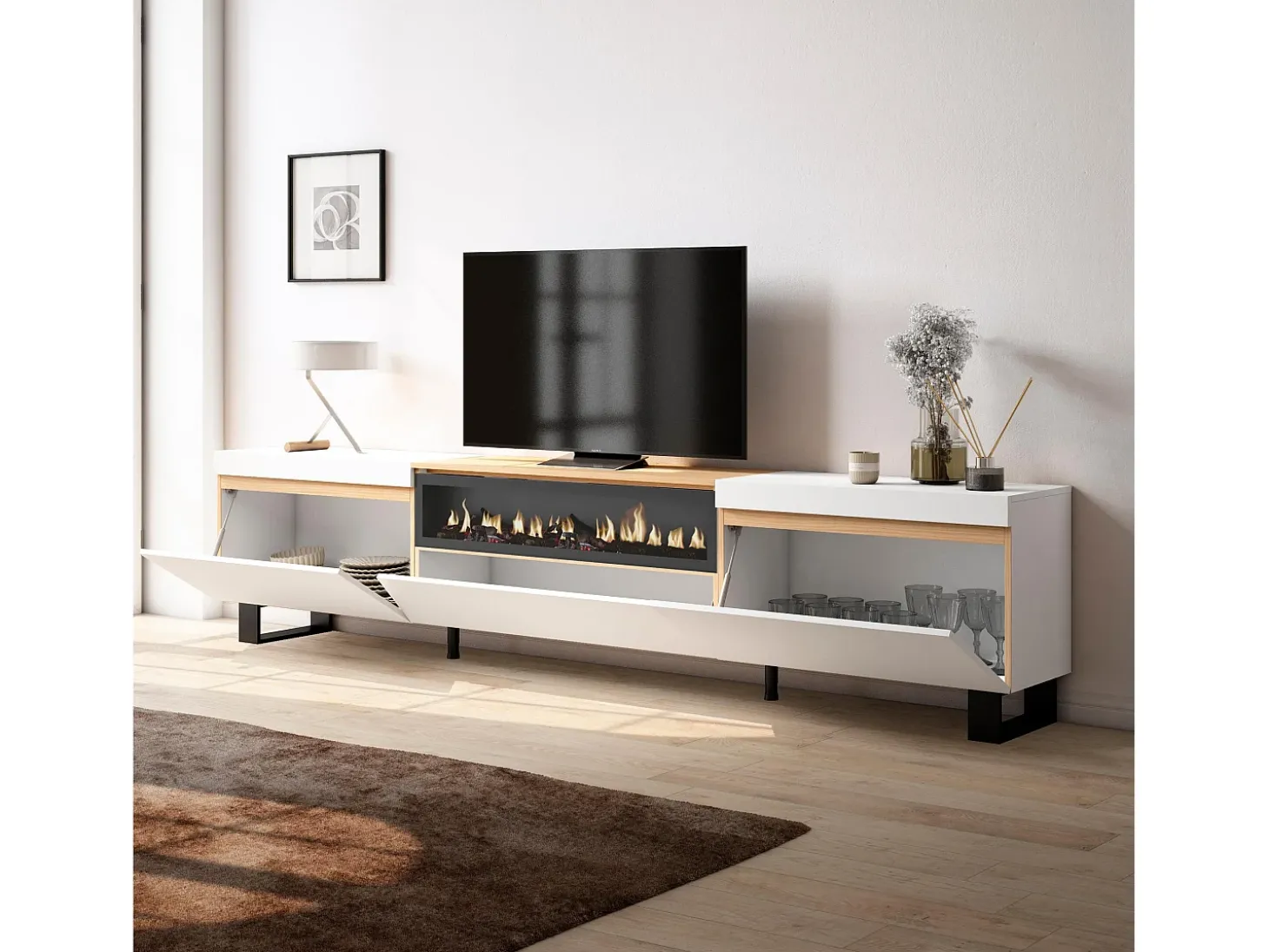 Móvel de TV, 260x35x57cm, TV de grande formato, Lareira eléctrica, Design industrial, Branco e Carvalho soft