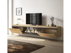 Móvel de TV, 267x35x45cm, TV de grande formato, Lareira eléctrica XXL, Suspensos, Carvalho