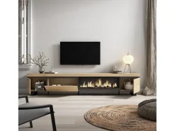 Móvel de TV, 288x35x57cm, TV de grande formato, Lareira eléctrica XXL, Design industrial, Carvalho