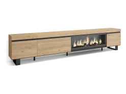 Móvel de TV, 288x35x57cm, TV de grande formato, Lareira eléctrica XXL, Design industrial, Carvalho