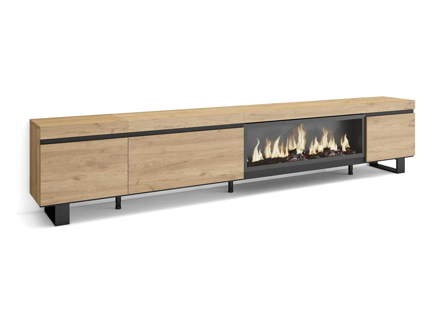 Móvel de TV, 288x35x57cm, TV de grande formato, Lareira eléctrica XXL, Design industrial, Carvalho