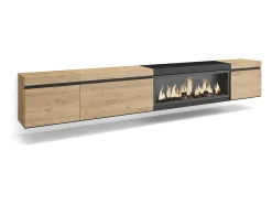 Móvel de TV, 288x35x45cm, TV de grande formato, Lareira eléctrica XXL, Suspensos, Carvahlo e preto