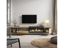 Móvel de TV, 288x35x45cm, TV de grande formato, Lareira eléctrica XXL, Suspensos, Carvahlo e preto
