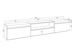 Móvel de TV, 260x35x45cm, TV de grande formato, Estante para TV, Branco e Carvalho soft
