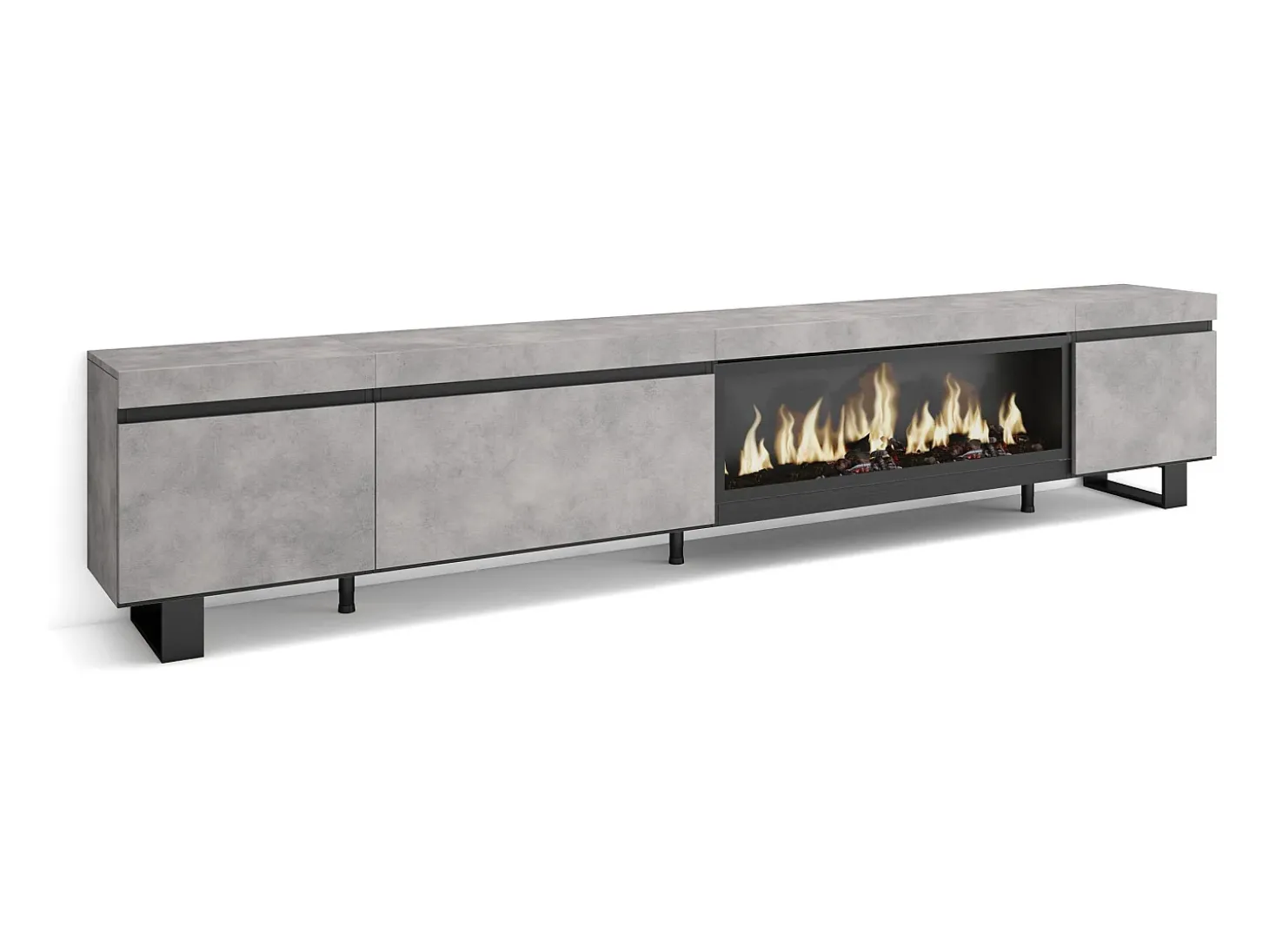 Móvel de TV, 288x35x57cm, TV de grande formato, Lareira eléctrica XXL, Design industrial, Cimento