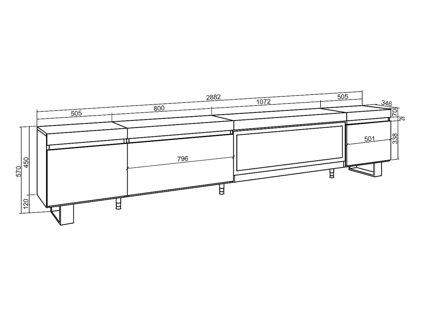 Móvel de TV, 288x35x57cm, TV de grande formato, Lareira eléctrica XXL, Design industrial, Cimento