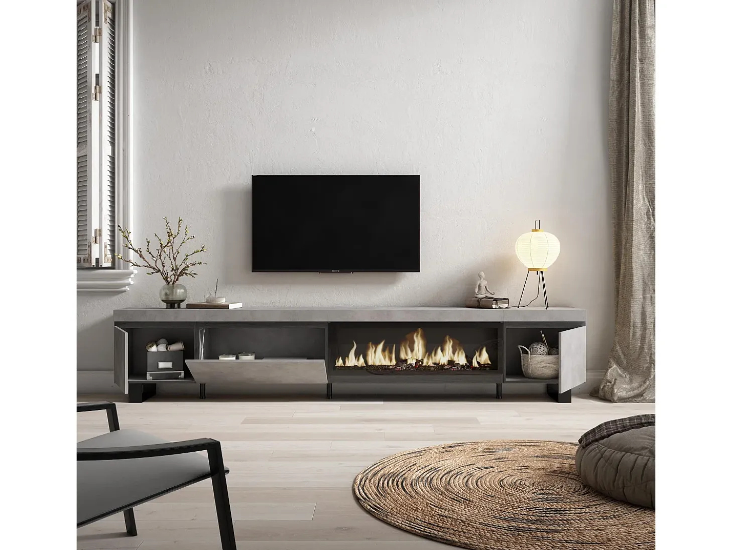 Móvel de TV, 288x35x57cm, TV de grande formato, Lareira eléctrica XXL, Design industrial, Cimento