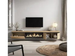 Móvel de TV, 288x35x45cm, TV de grande formato, Lareira eléctrica XXL, Suspensos, Carvalho
