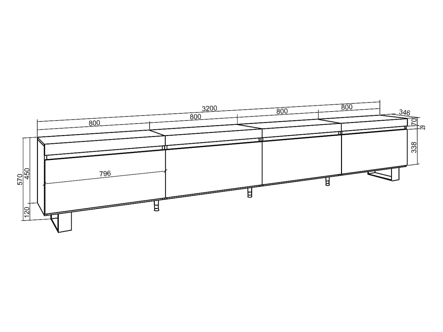 Móvel de TV, 320x35x57cm, TV de grande formato, Design industrial, Carvalho