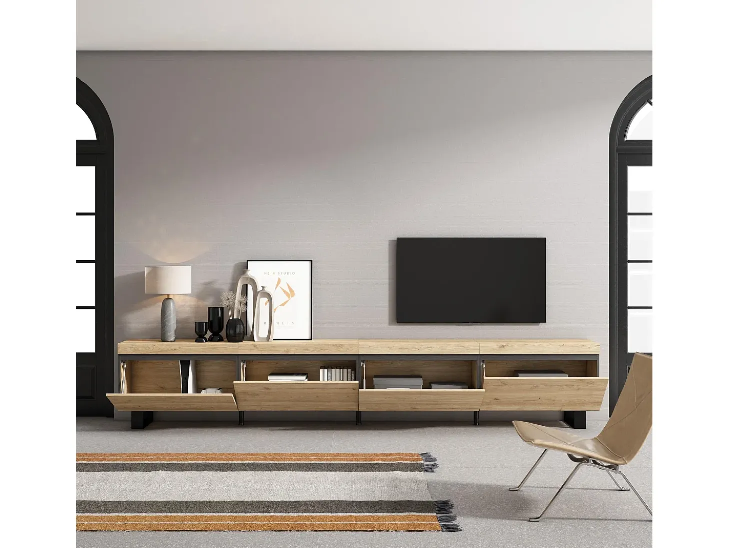 Móvel de TV, 320x35x57cm, TV de grande formato, Design industrial, Carvalho