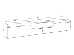 Móvel de TV, 260x35x45cm, TV de grande formato, Lareira eléctrica, Suspensos, Branco e Carvalho soft