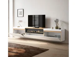 Móvel de TV, 260x35x45cm, TV de grande formato, Lareira eléctrica, Suspensos, Branco e Carvalho soft