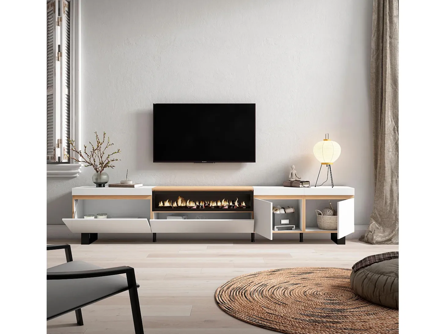 Móvel de TV, 288x35x57cm, TV de grande formato, Lareira eléctrica, Design industrial, Branco e Carvalho soft