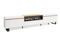 Móvel de TV, 288x35x57cm, TV de grande formato, Lareira eléctrica, Design industrial, Branco e Carvalho soft