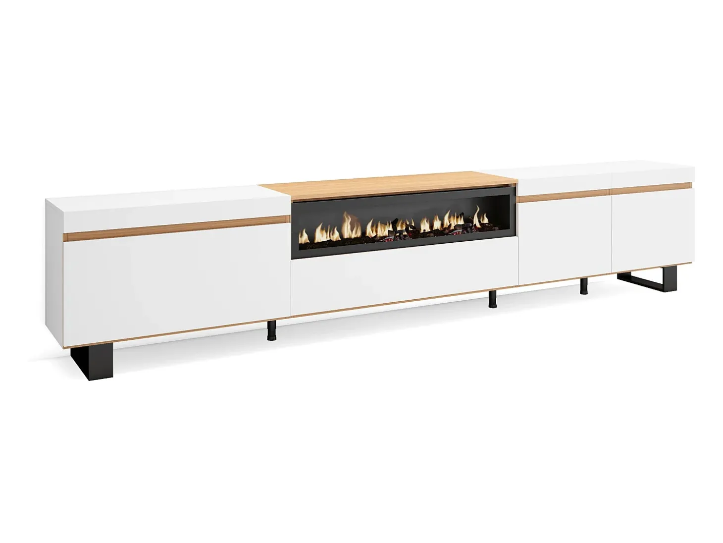 Móvel de TV, 288x35x57cm, TV de grande formato, Lareira eléctrica, Design industrial, Branco e Carvalho soft