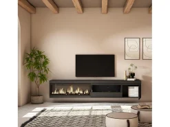 Móvel de TV, 237x35x45cm, TV de grande formato, Lareira eléctrica XXL, Suspensos, Preto