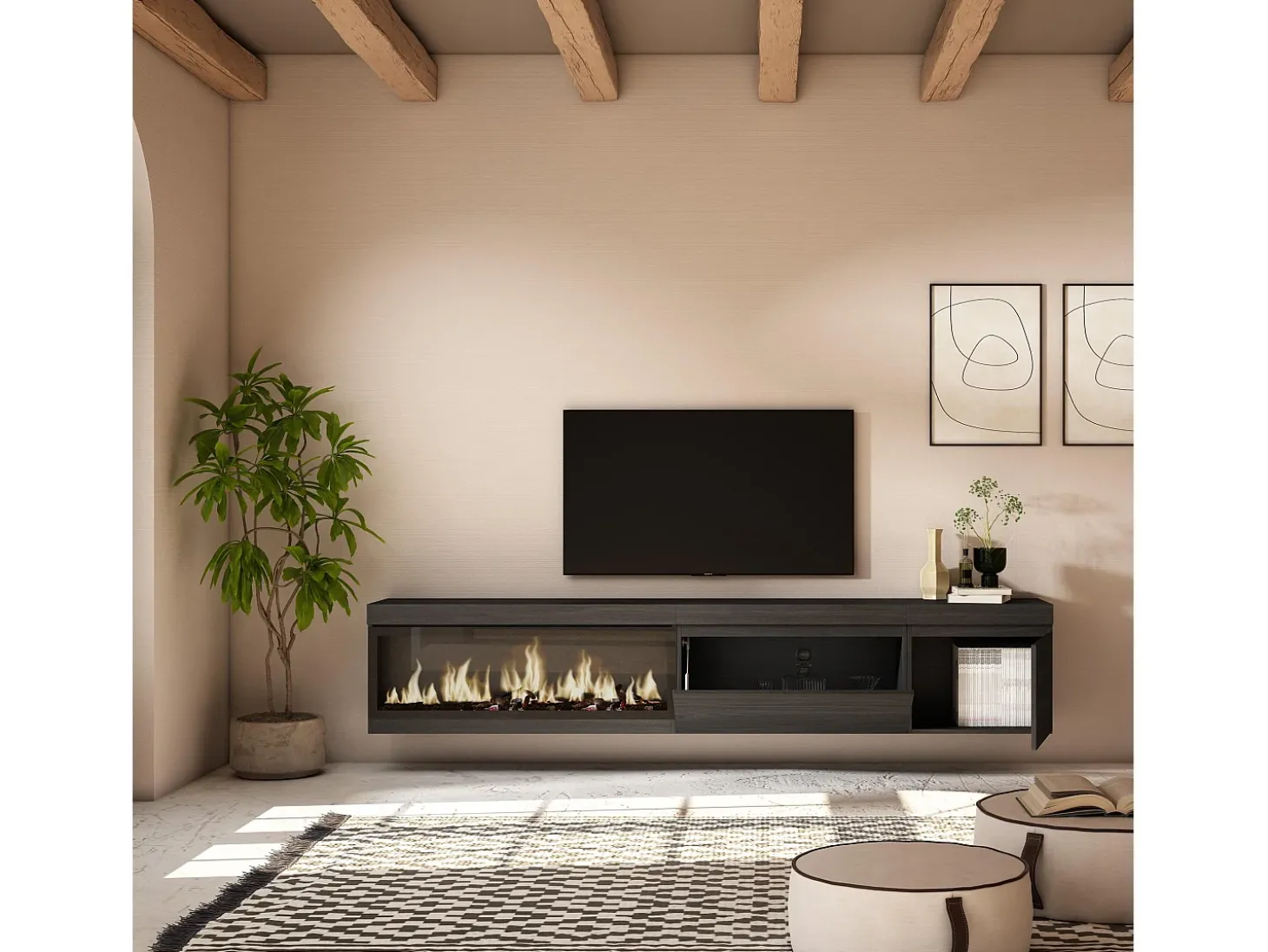 Móvel de TV, 237x35x45cm, TV de grande formato, Lareira eléctrica XXL, Suspensos, Preto