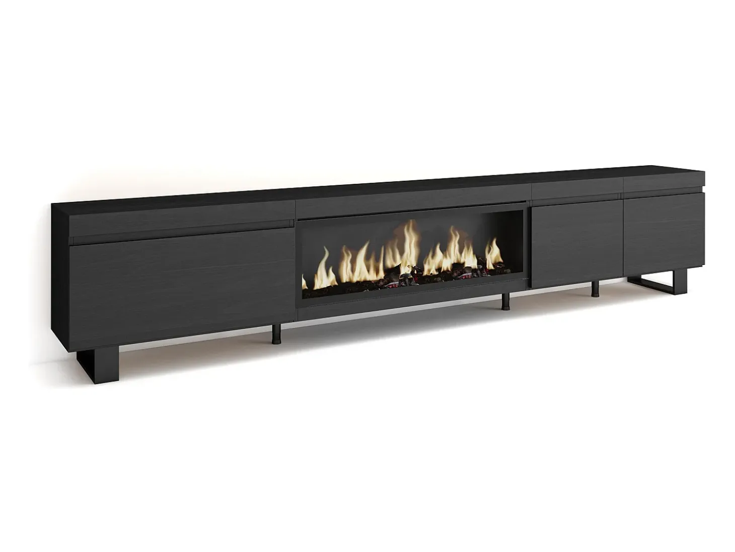 Móvel de TV, 288x35x57cm, TV de grande formato, Lareira eléctrica XXL, Design industrial, Preto