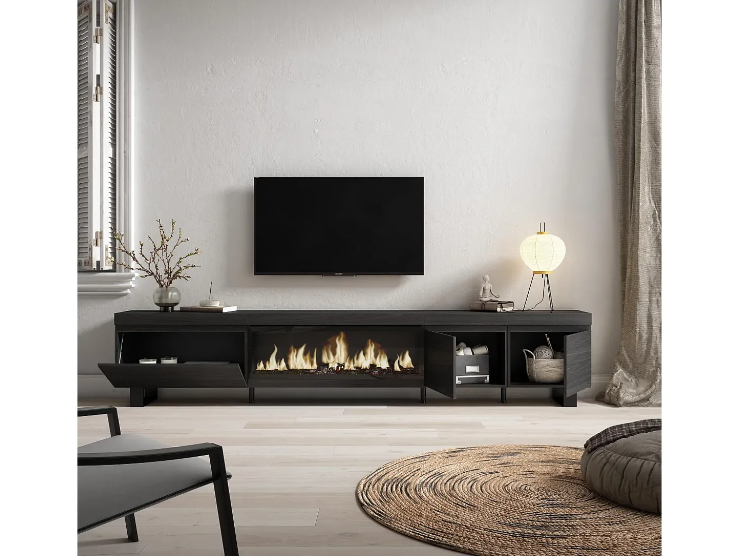 Móvel de TV, 288x35x57cm, TV de grande formato, Lareira eléctrica XXL, Design industrial, Preto