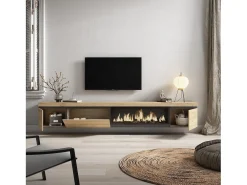 Móvel de TV, 288x35x45cm, TV de grande formato, Lareira eléctrica XXL, Suspensos, Carvalho