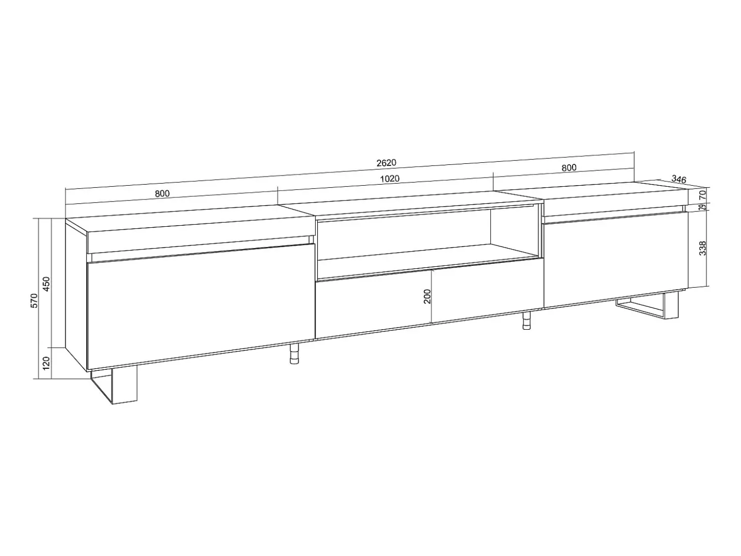 Móvel de TV, 260x35x57cm, TV de grande formato, Design industrial, Branco e Carvalho soft