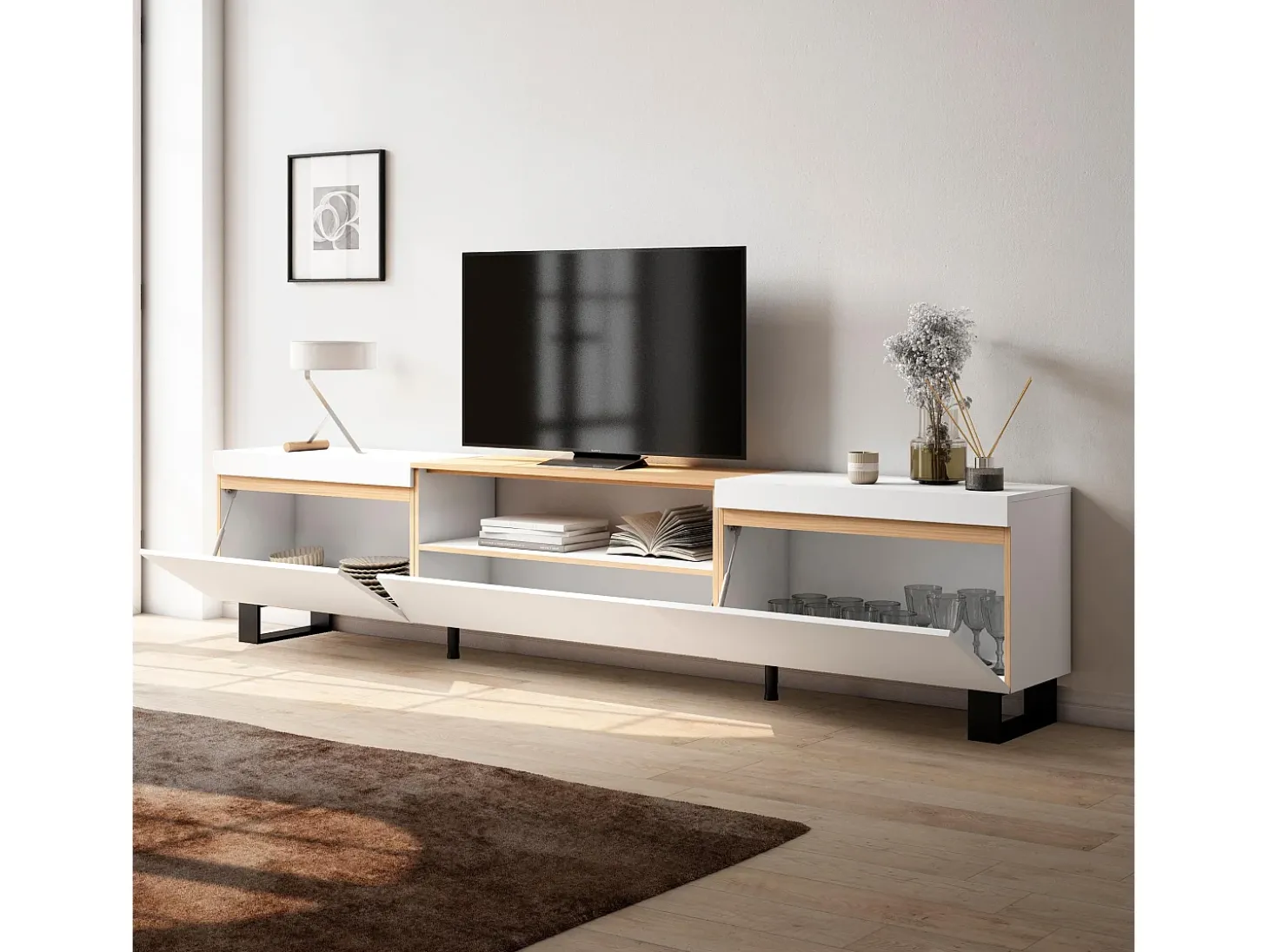 Móvel de TV, 260x35x57cm, TV de grande formato, Design industrial, Branco e Carvalho soft