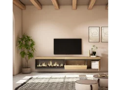 Móvel de TV, 237x35x45cm, TV de grande formato, Lareira eléctrica XXL, Suspensos, Carvalho