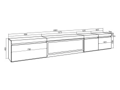 Móvel de TV, 288x35x45cm, TV de grande formato, Lareira eléctrica XXL, Suspensos, Cimento