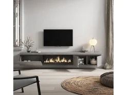 Móvel de TV, 288x35x45cm, TV de grande formato, Lareira eléctrica XXL, Suspensos, Cimento