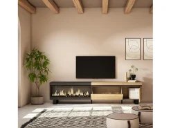 Móvel de TV, 237x35x57cm, TV de grande formato, Lareira eléctrica XXL, Design industrial, Carvahlo e preto