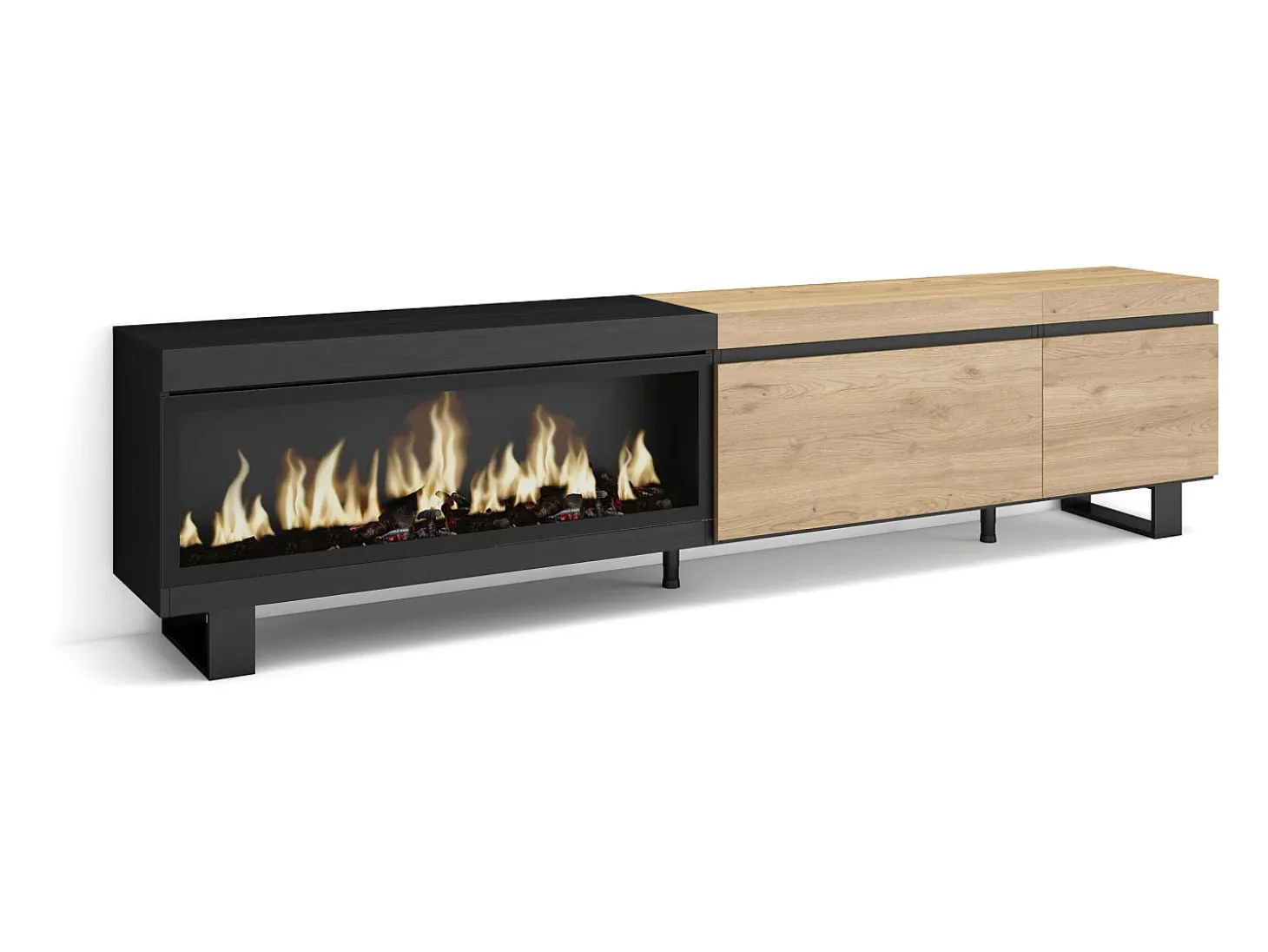 Móvel de TV, 237x35x57cm, TV de grande formato, Lareira eléctrica XXL, Design industrial, Carvahlo e preto