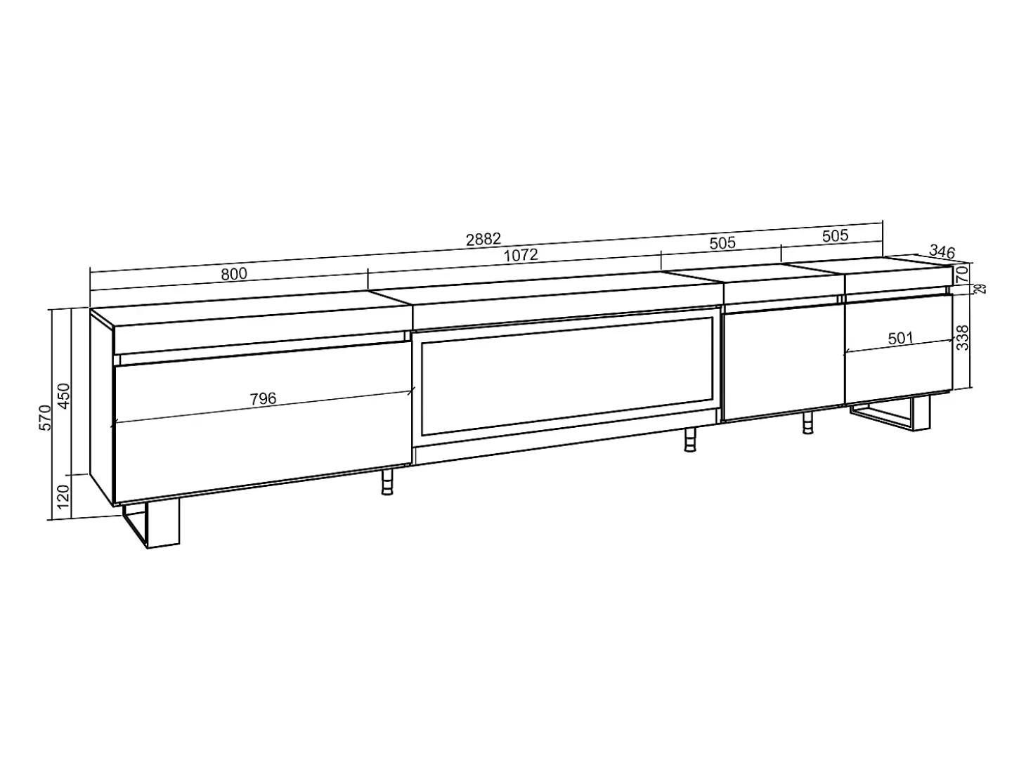 Móvel de TV, 288x35x57cm, TV de grande formato, Lareira eléctrica XXL, Design industrial, Carvalho