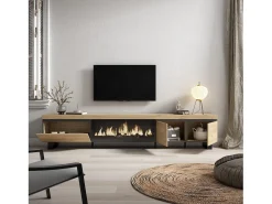 Móvel de TV, 288x35x57cm, TV de grande formato, Lareira eléctrica XXL, Design industrial, Carvalho