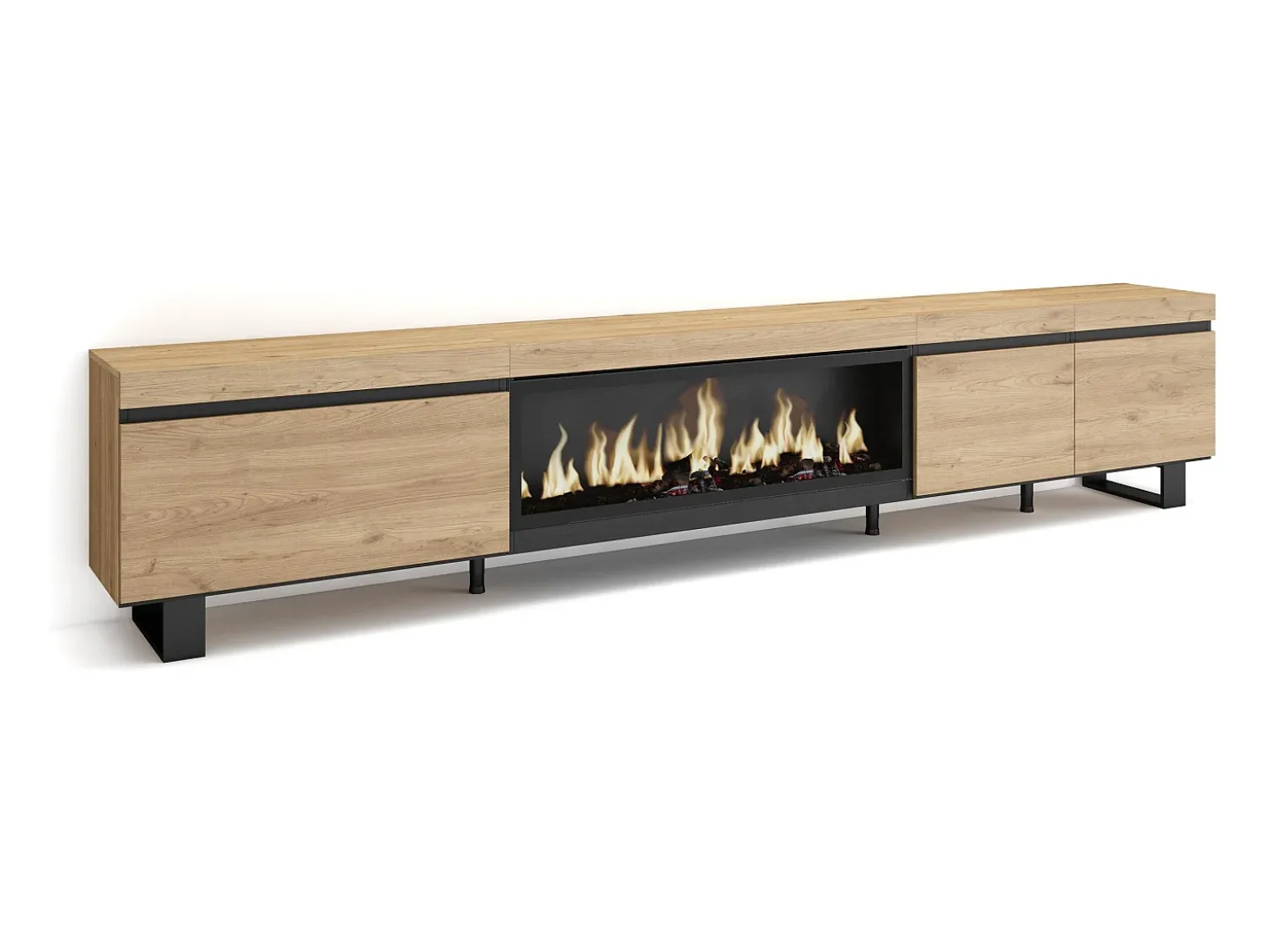 Móvel de TV, 288x35x57cm, TV de grande formato, Lareira eléctrica XXL, Design industrial, Carvalho