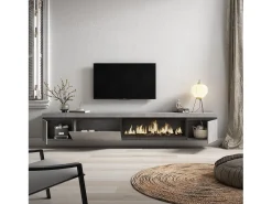 Móvel de TV, 288x35x45cm, TV de grande formato, Lareira eléctrica XXL, Suspensos, Cimento