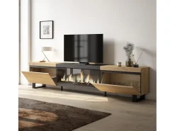 Móvel de TV, 267x35x57cm, TV de grande formato, Lareira eléctrica XXL, Design industrial, Carvahlo e preto