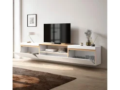 Móvel de TV, 260x35x45cm, TV de grande formato, Suspensos, Branco e Carvalho soft