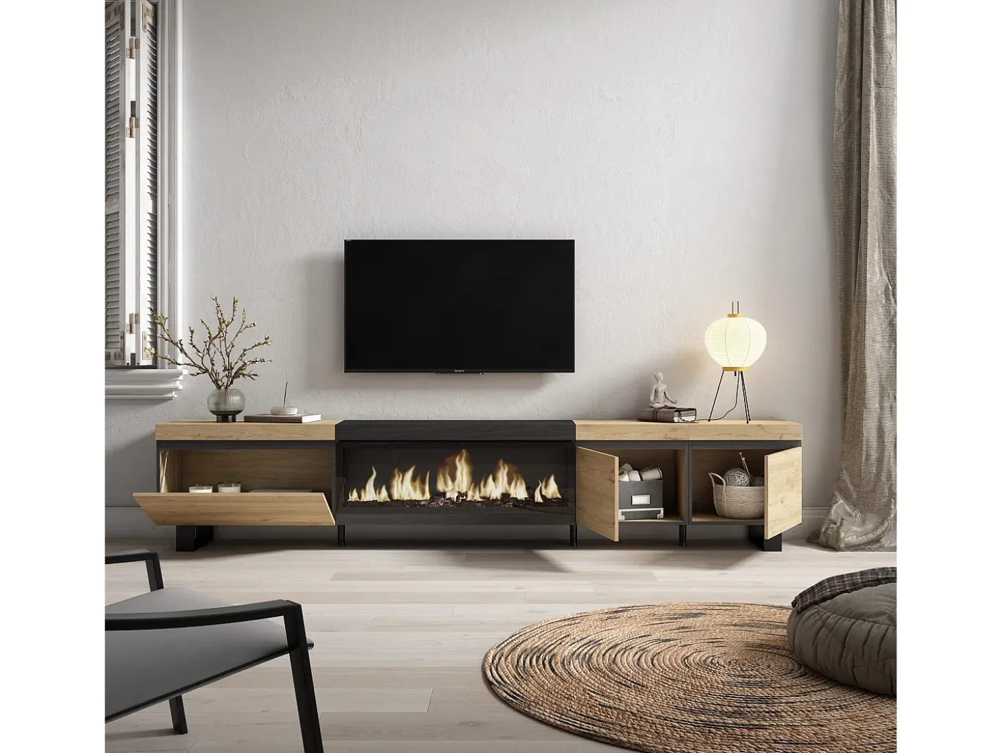 Móvel de TV, 288x35x57cm, TV de grande formato, Lareira eléctrica XXL, Design industrial, Carvahlo e preto