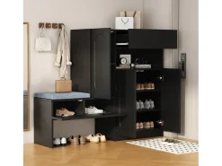 Móvel multifuncional para sapatos - com assento estofado - com 4 portas e 1 gaveta - Preto
